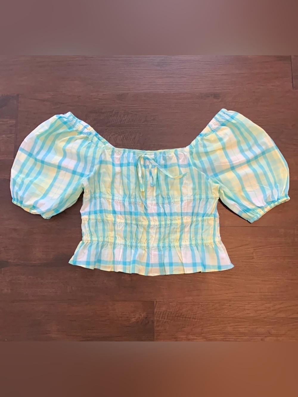 CROPPED TOP OFF SHOULDER BALLOON SHORT SLEEVES PLAID TROPICAL COQUETTE RUCHED